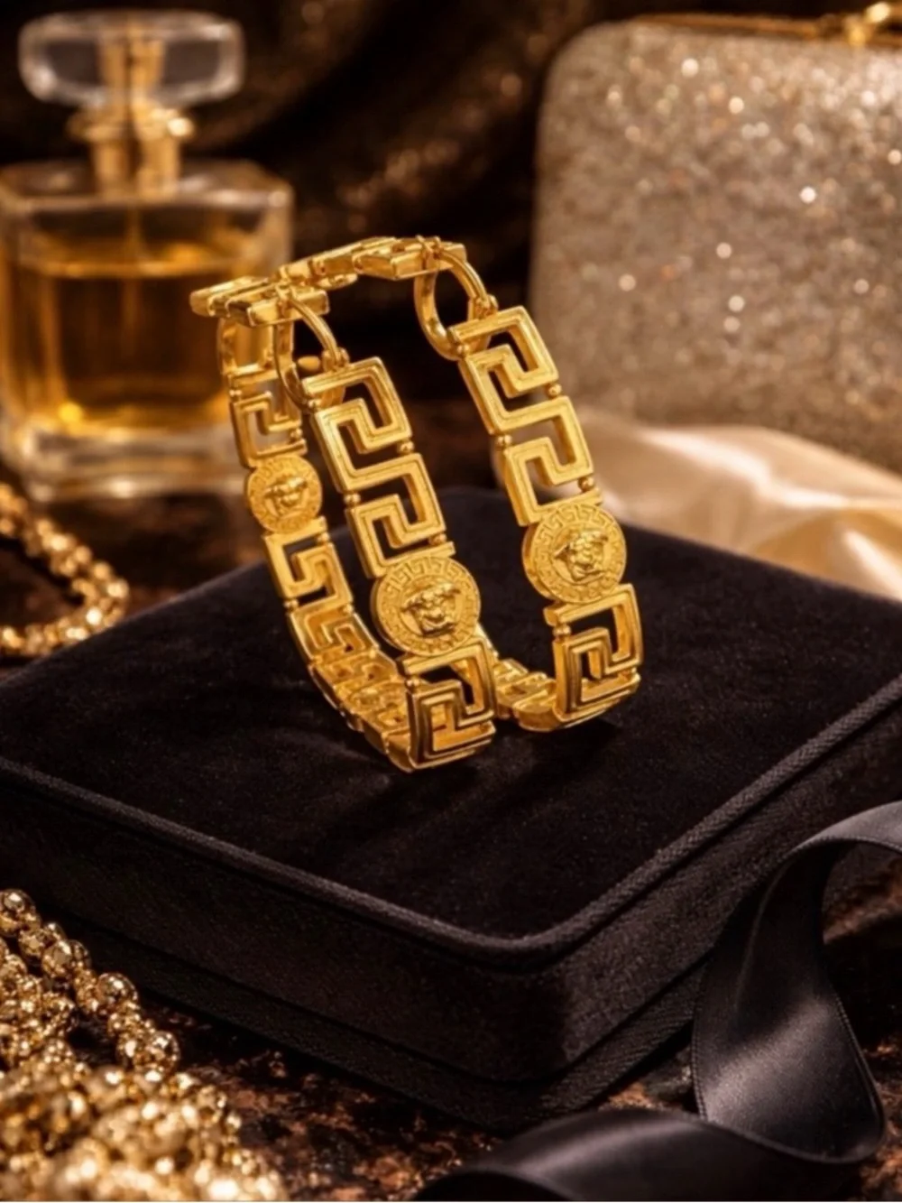 Gold Greek Key Medusa Hoop Earrings